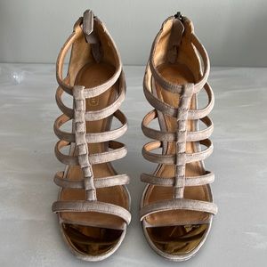 Coach Lavania Kid Suede, 4” strappy heels, color-slate, gold toe plate, size 8